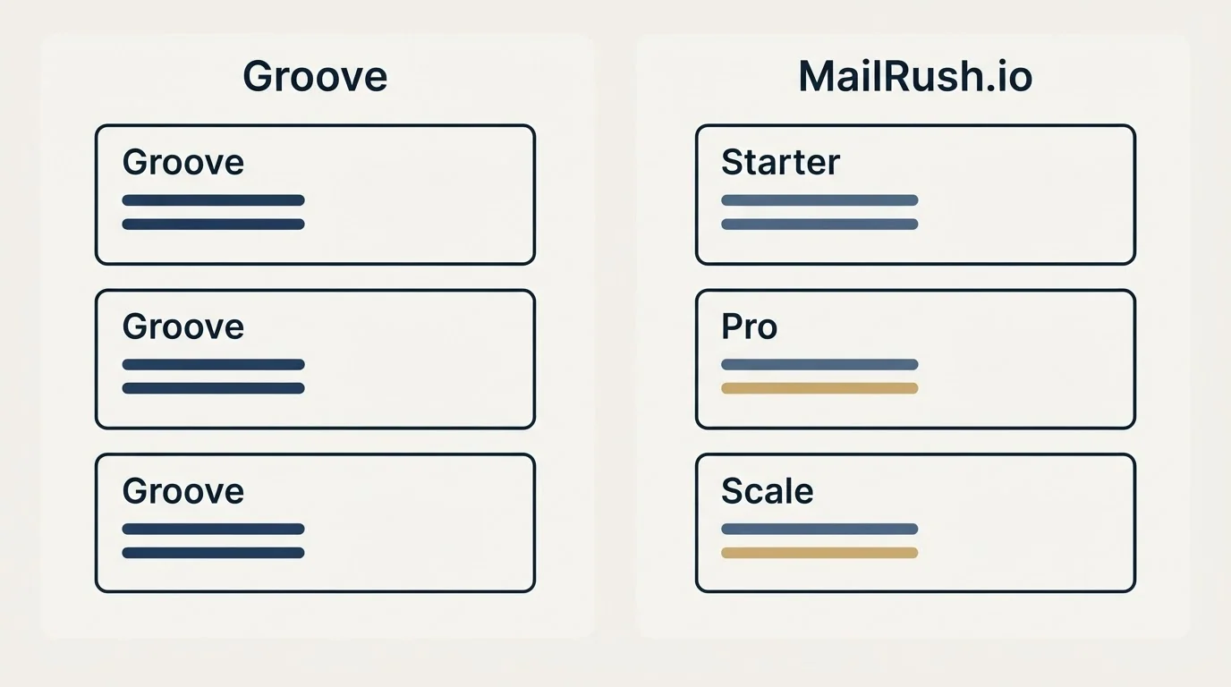 Pricing panels: Pricing Comparison (Groove, MailRush.io, Starter, Pro)