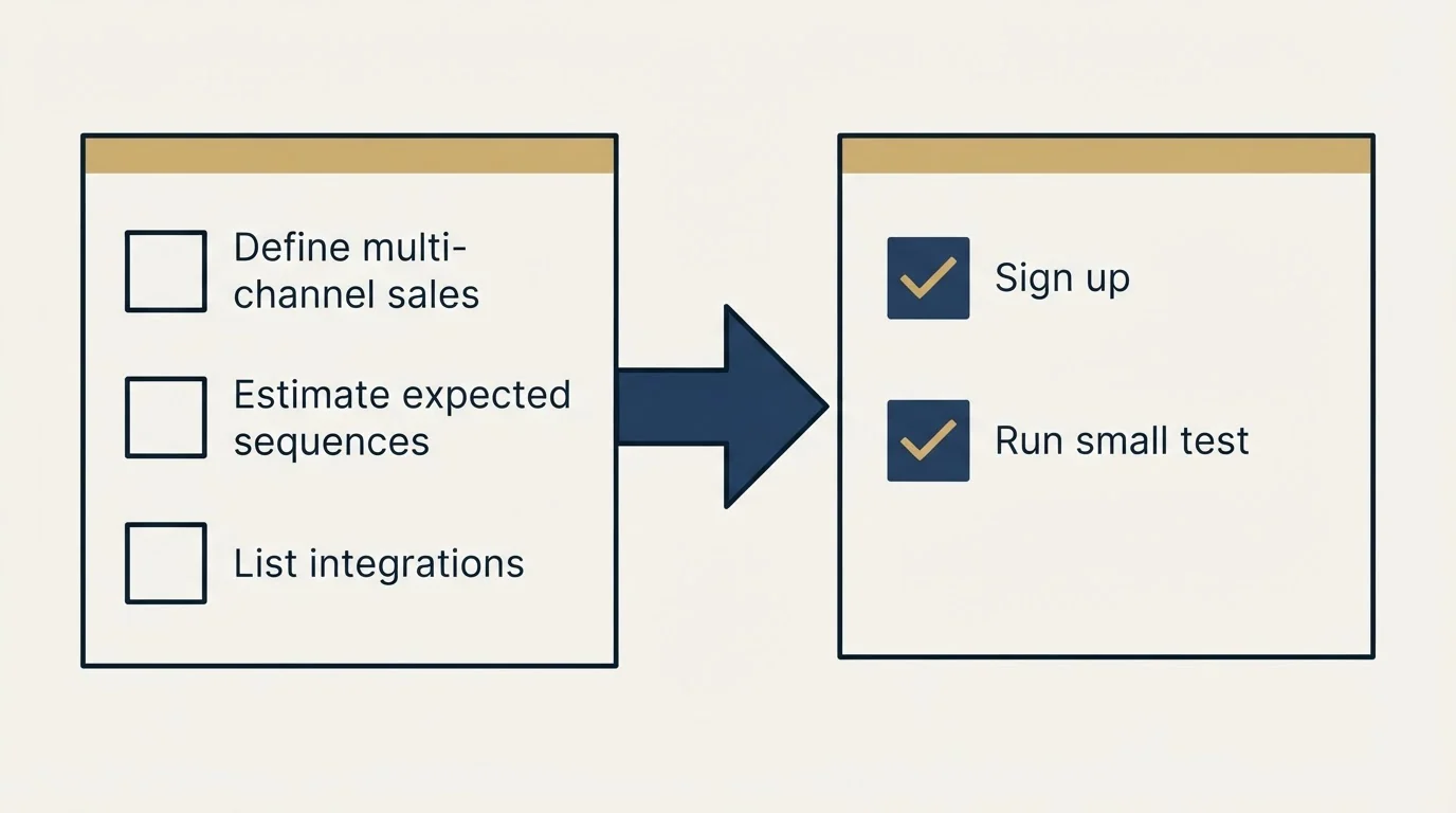 Before-and-after steps: Getting Started Checklist (Define multi-channel sales, Estimate expected sequences, List integrations, Sign up)