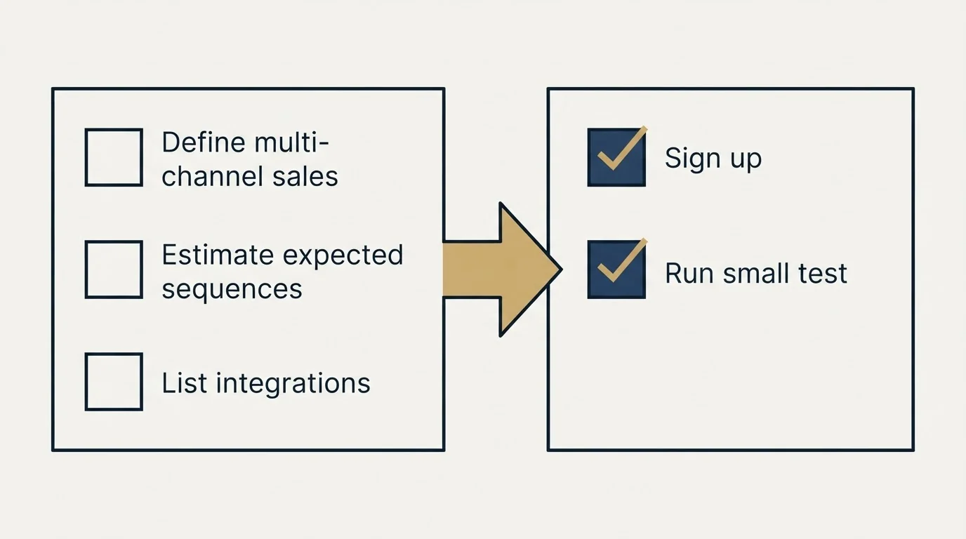 Before-and-after steps: Getting Started Checklist (Define multi-channel sales, Estimate expected sequences, List integrations, Sign up)