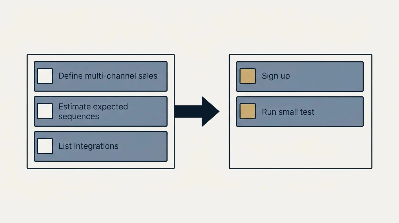Before-and-after steps: Getting Started Checklist (Define multi-channel sales, Estimate expected sequences, List integrations, Sign up)