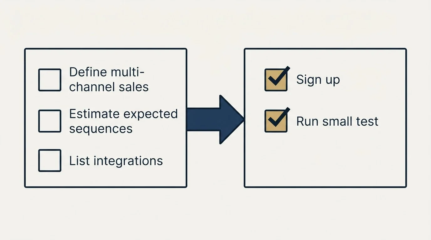 Before-and-after steps: Getting Started Checklist (Define multi-channel sales, Estimate expected sequences, List integrations, Sign up)