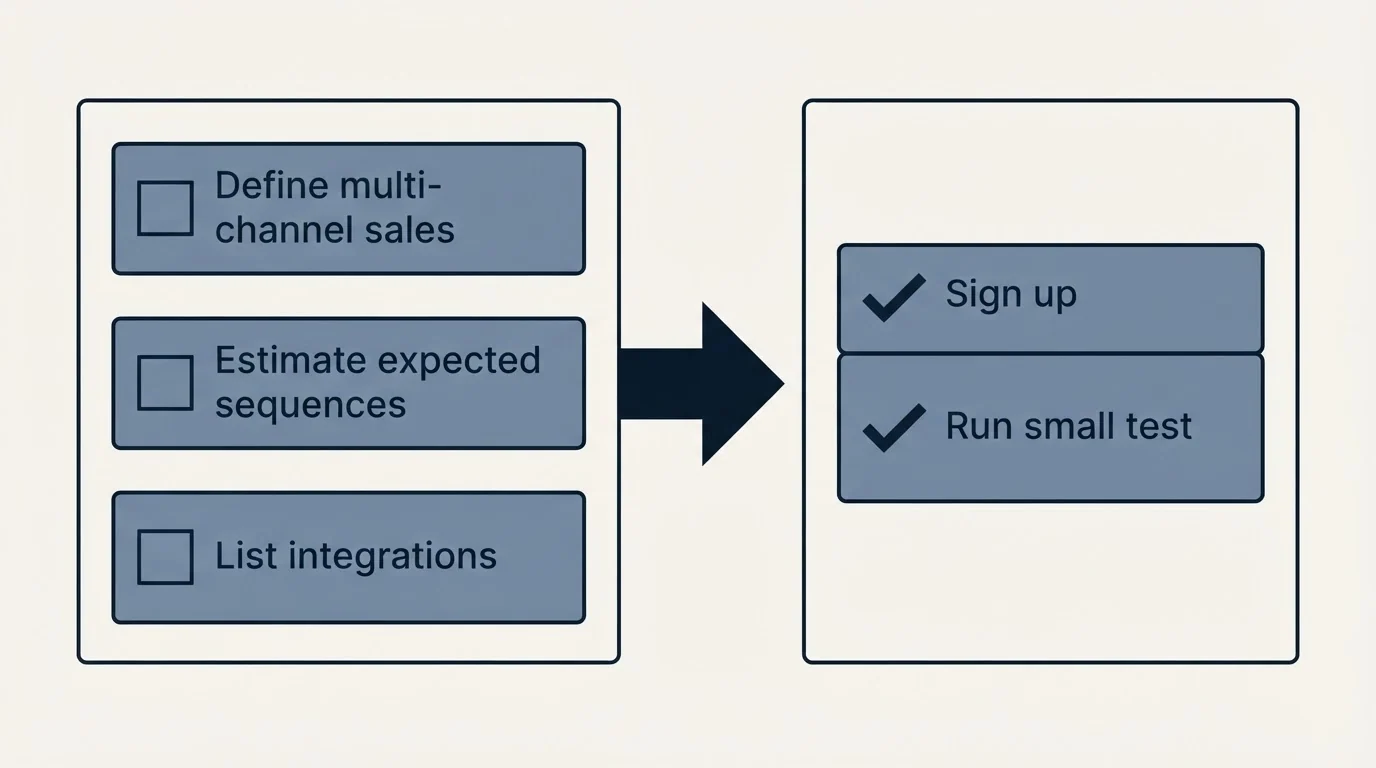 Before-and-after steps: Getting Started Checklist (Define multi-channel sales, Estimate expected sequences, List integrations, Sign up)