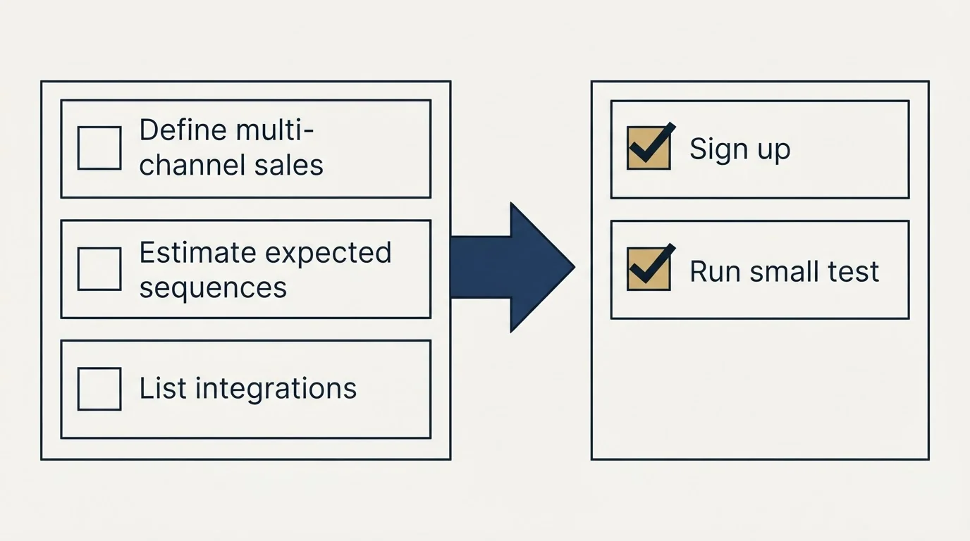 Before-and-after steps: Getting Started Checklist (Define multi-channel sales, Estimate expected sequences, List integrations, Sign up)