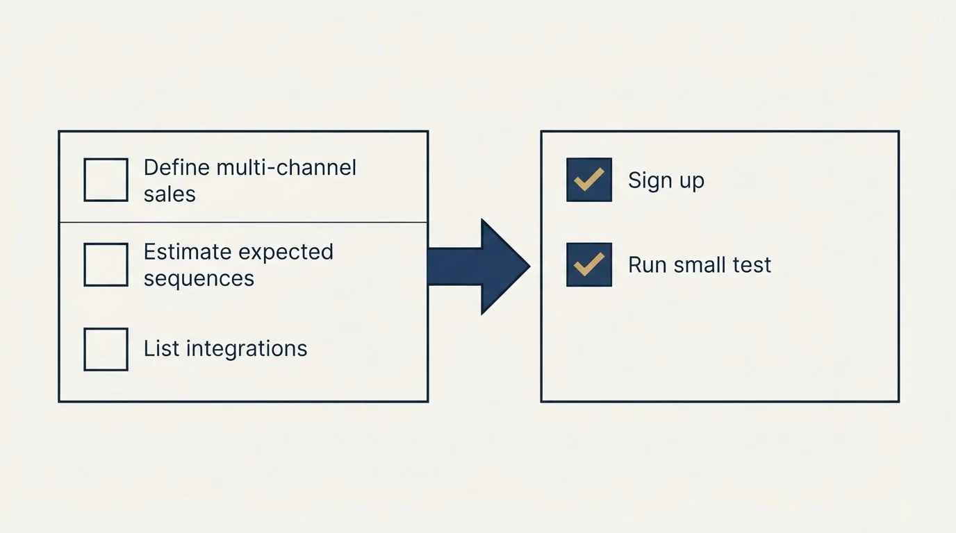 Before-and-after steps: Getting Started Checklist (Define multi-channel sales, Estimate expected sequences, List integrations, Sign up)