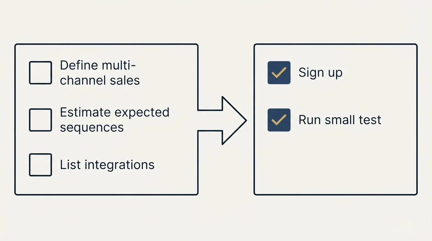 Before-and-after steps: Getting Started Checklist (Define multi-channel sales, Estimate expected sequences, List integrations, Sign up)