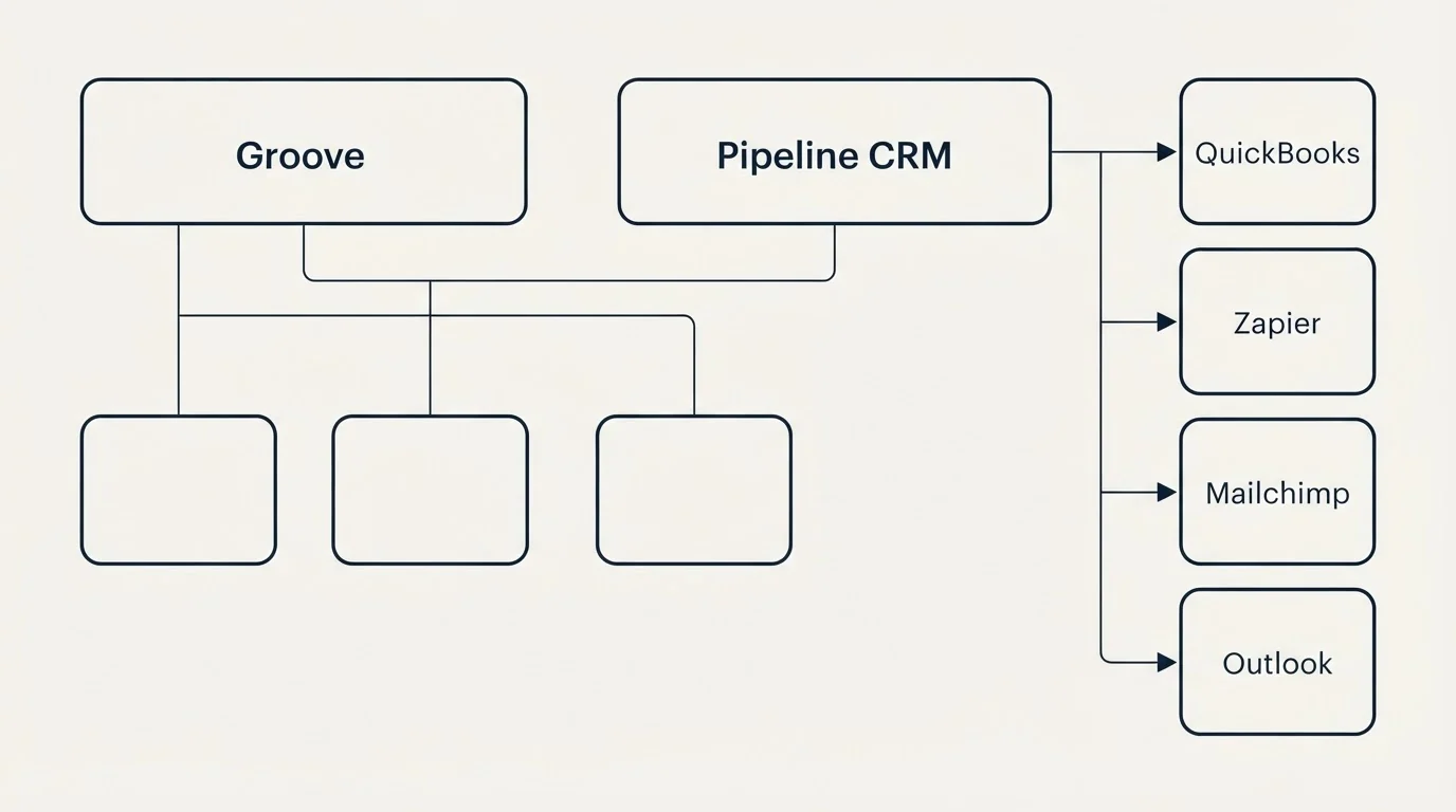 Integration grid: Integration Ecosystem (Groove, Pipeline CRM, QuickBooks, Zapier)