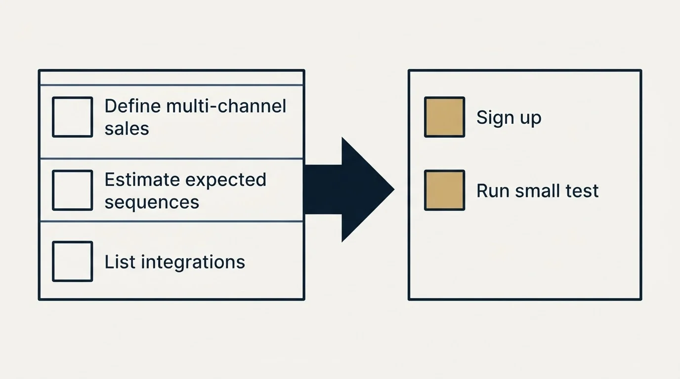 Before-and-after steps: Getting Started Checklist (Define multi-channel sales, Estimate expected sequences, List integrations, Sign up)