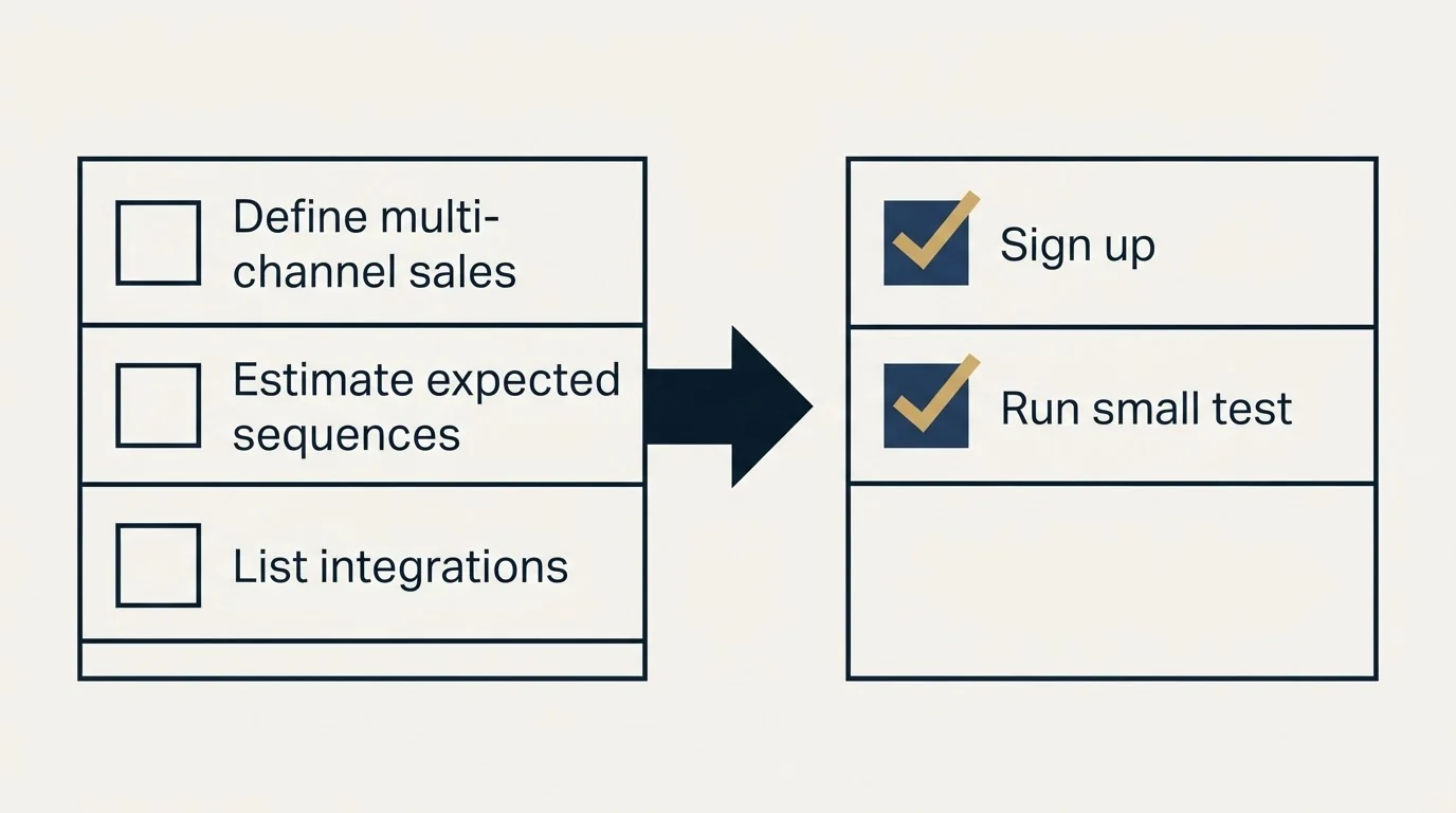 Before-and-after steps: Getting Started Checklist (Define multi-channel sales, Estimate expected sequences, List integrations, Sign up)