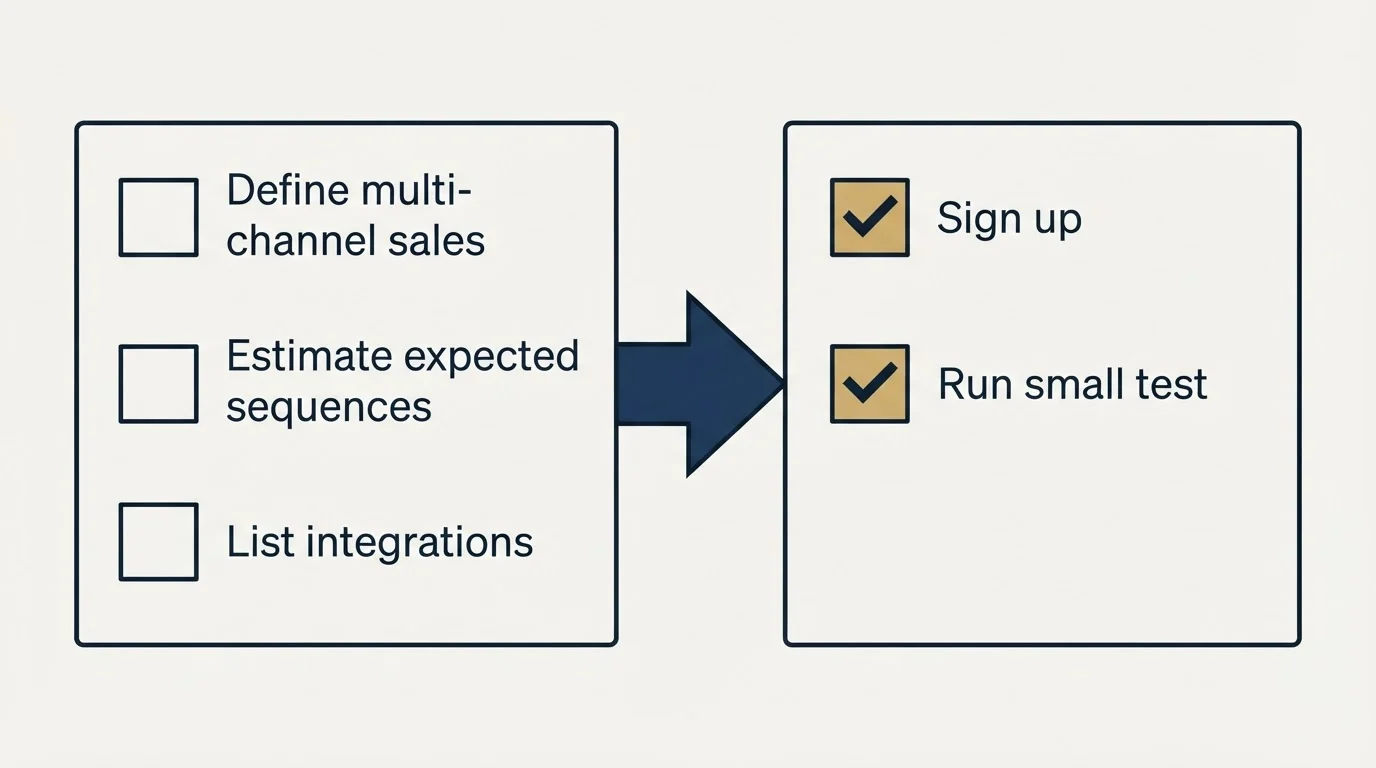 Before-and-after steps: Getting Started Checklist (Define multi-channel sales, Estimate expected sequences, List integrations, Sign up)