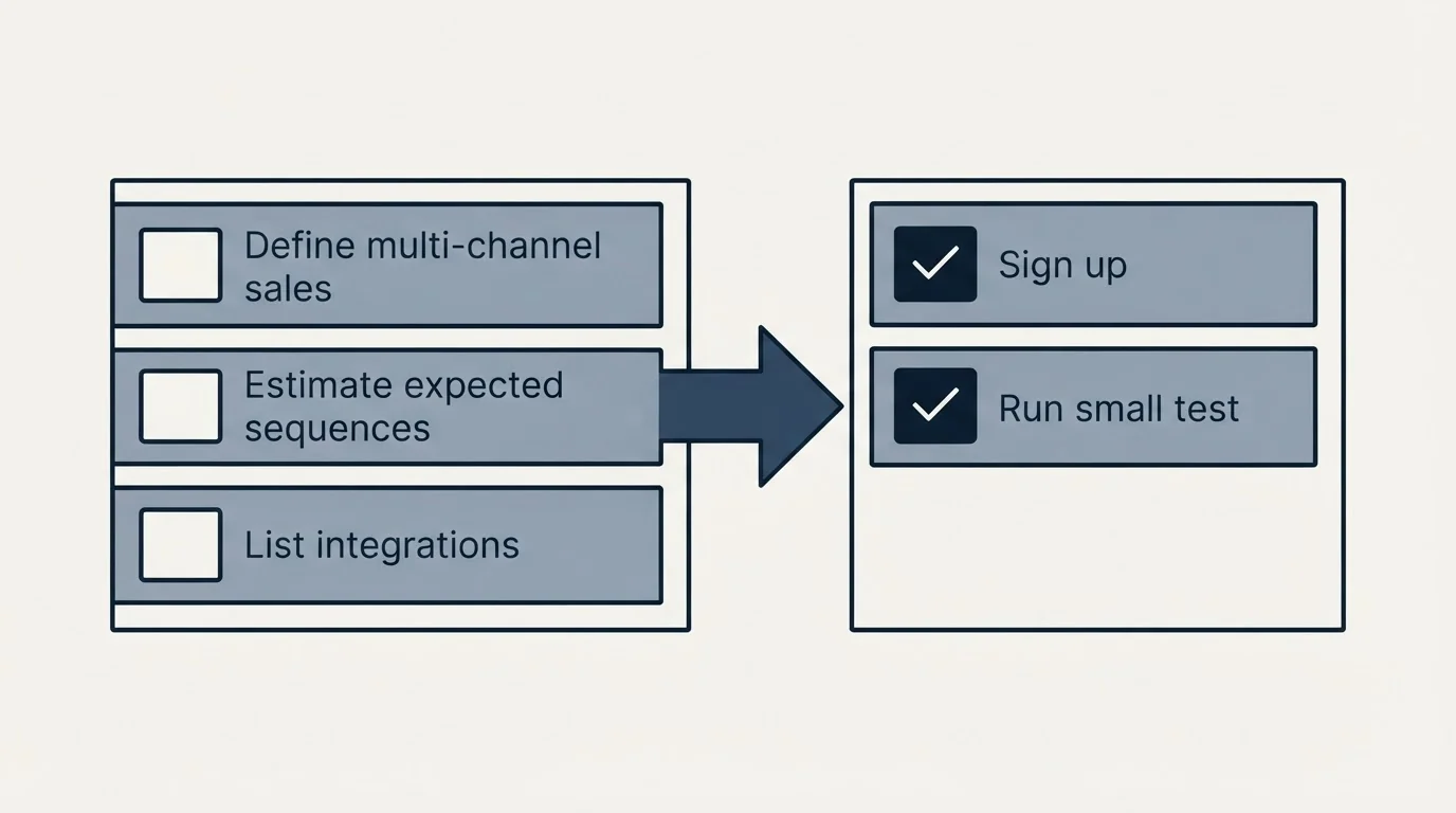 Before-and-after steps: Getting Started Checklist (Define multi-channel sales, Estimate expected sequences, List integrations, Sign up)