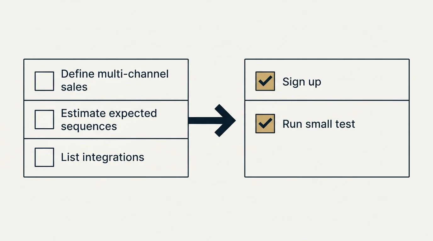 Before-and-after steps: Getting Started Checklist (Define multi-channel sales, Estimate expected sequences, List integrations, Sign up)