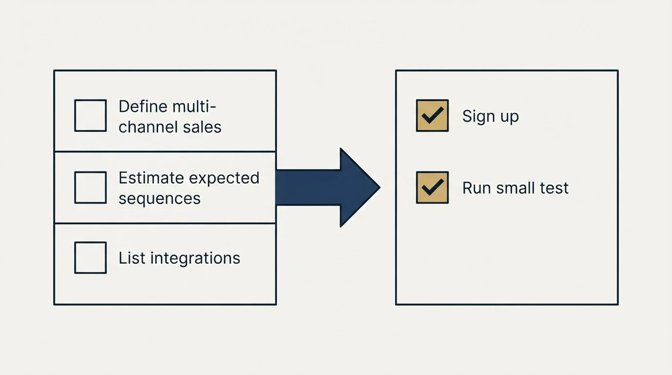 Before-and-after steps: Getting Started Checklist (Define multi-channel sales, Estimate expected sequences, List integrations, Sign up)