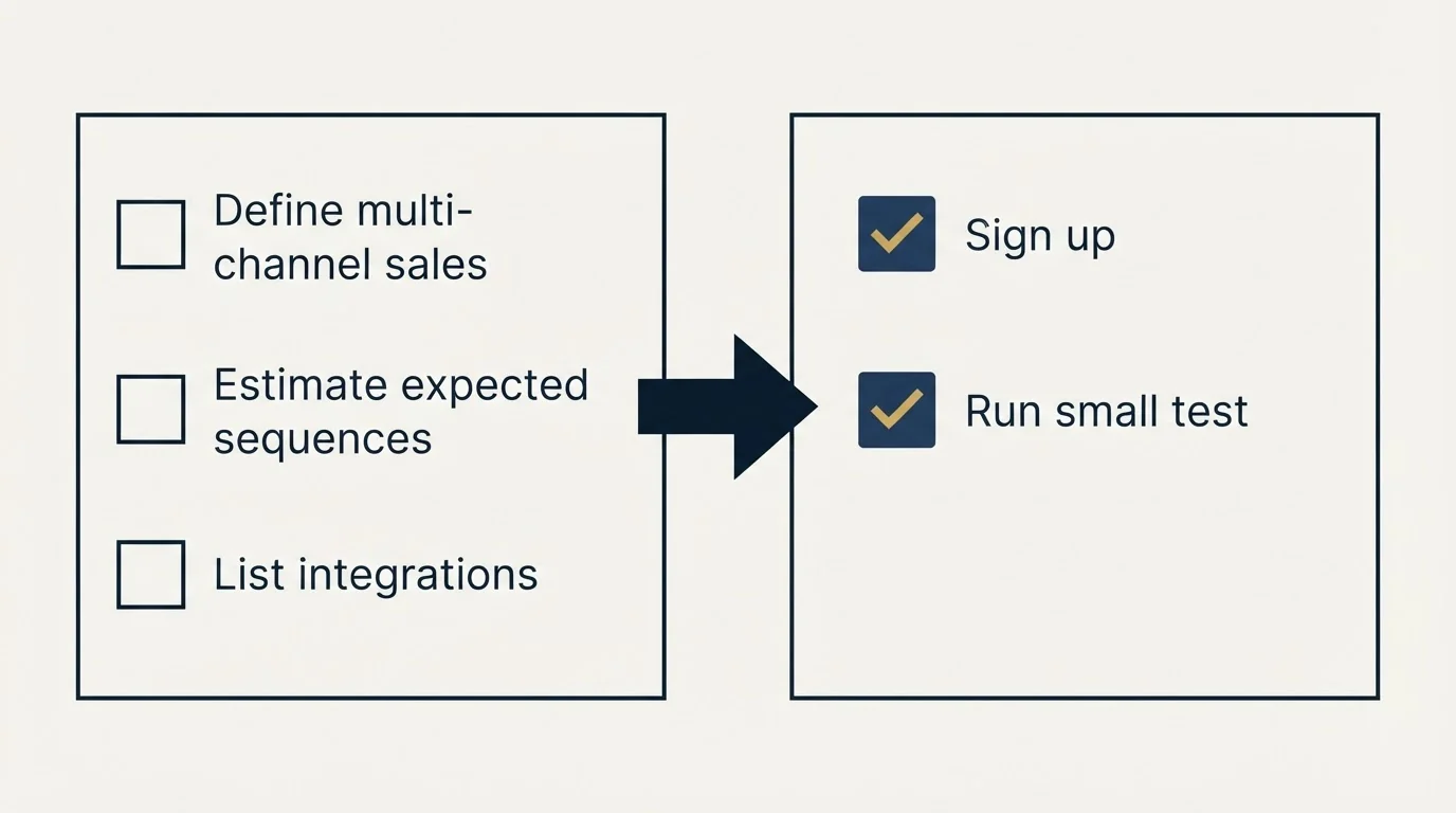Before-and-after steps: Getting Started Checklist (Define multi-channel sales, Estimate expected sequences, List integrations, Sign up)
