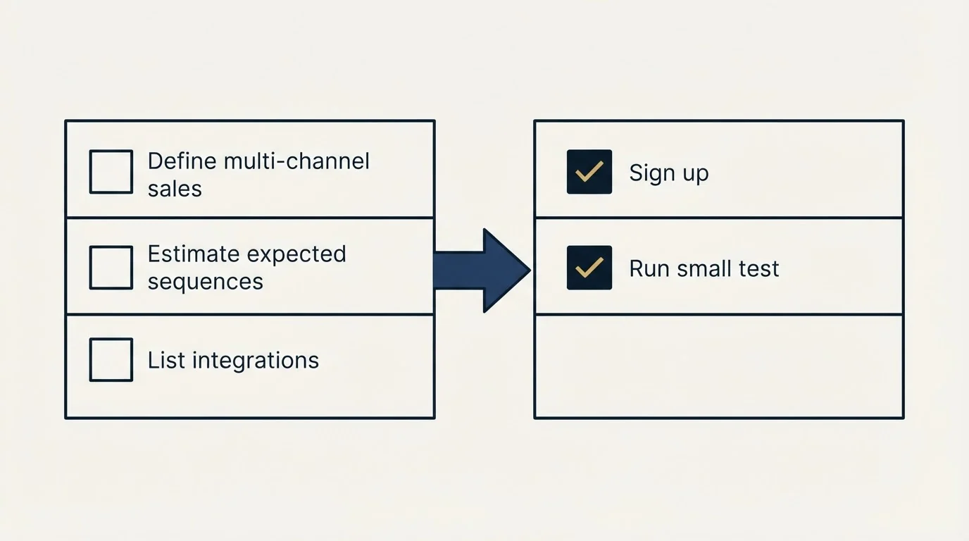 Before-and-after steps: Getting Started Checklist (Define multi-channel sales, Estimate expected sequences, List integrations, Sign up)