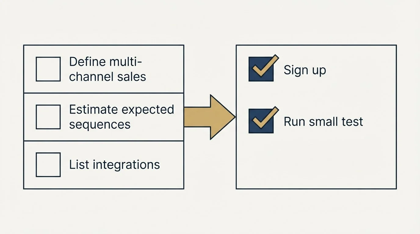 Before-and-after steps: Getting Started Checklist (Define multi-channel sales, Estimate expected sequences, List integrations, Sign up)