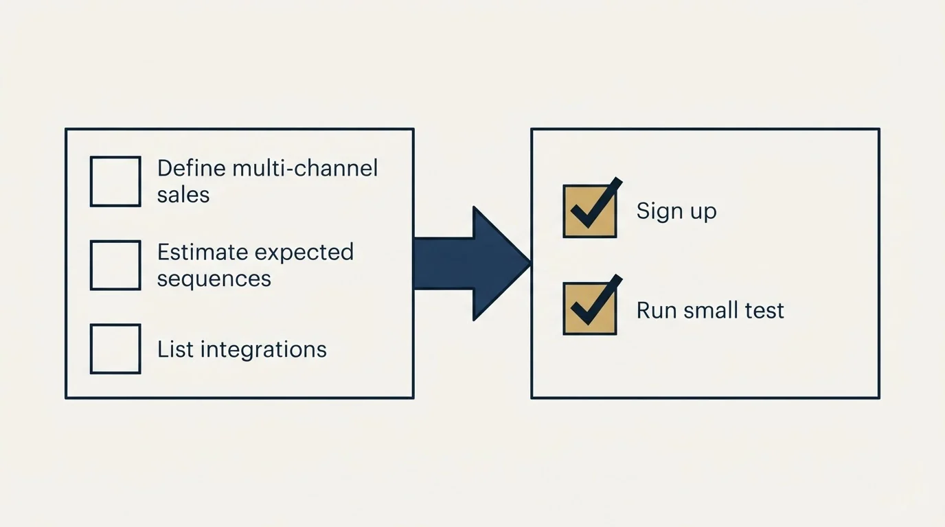 Before-and-after steps: Getting Started Checklist (Define multi-channel sales, Estimate expected sequences, List integrations, Sign up)