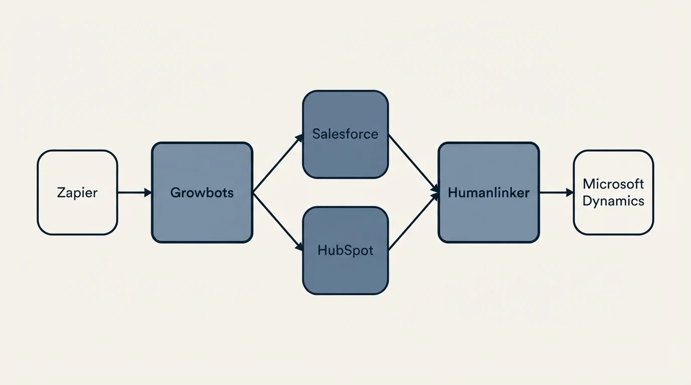 Integration schematic: Integration Ecosystem (Growbots, Humanlinker, Salesforce, HubSpot)