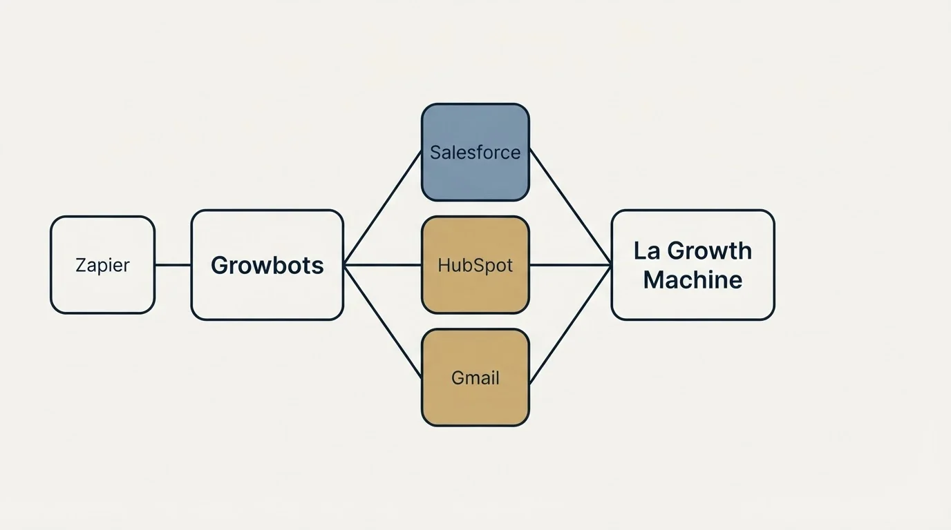 Integration schematic: Integration Ecosystem (Growbots, La Growth Machine, Salesforce, HubSpot)