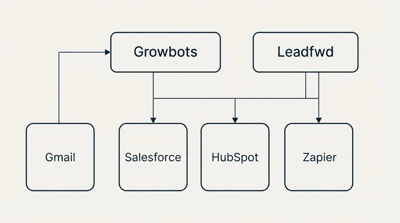 Integration grid: Integration Ecosystem (Growbots, Leadfwd, Salesforce, HubSpot)