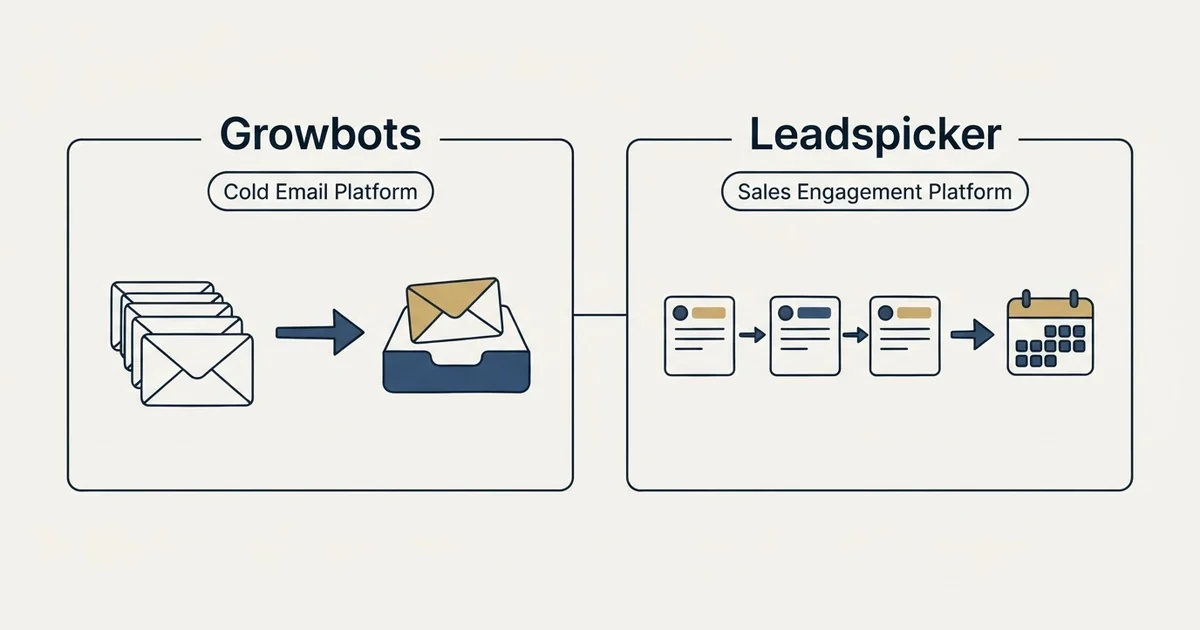 Side-by-side panels: Growbots vs Leadspicker (Cold Email Platform, Sales Engagement Platform)