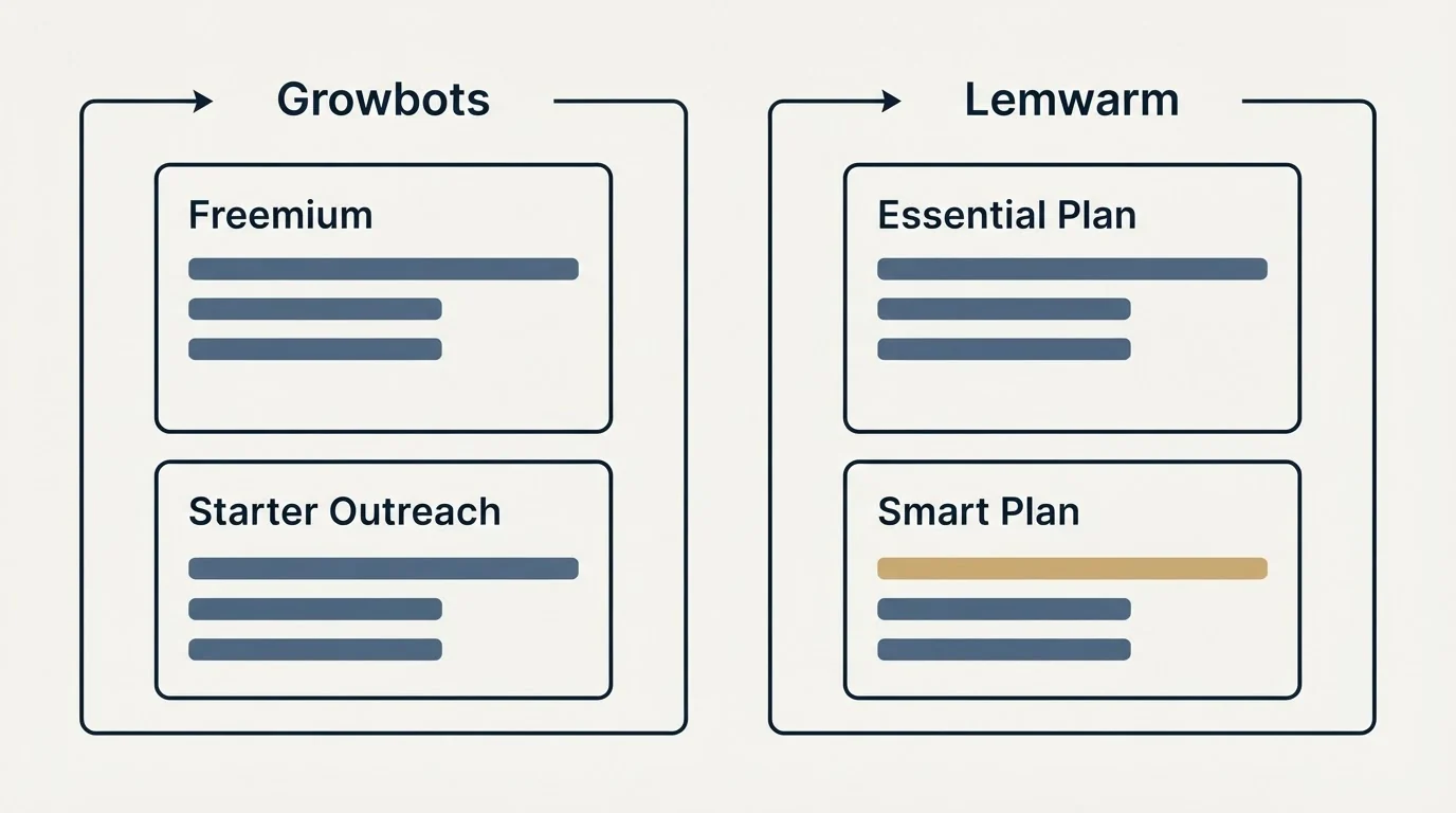 Pricing panels: Pricing Comparison (Growbots, Lemwarm, Freemium, Essential Plan)