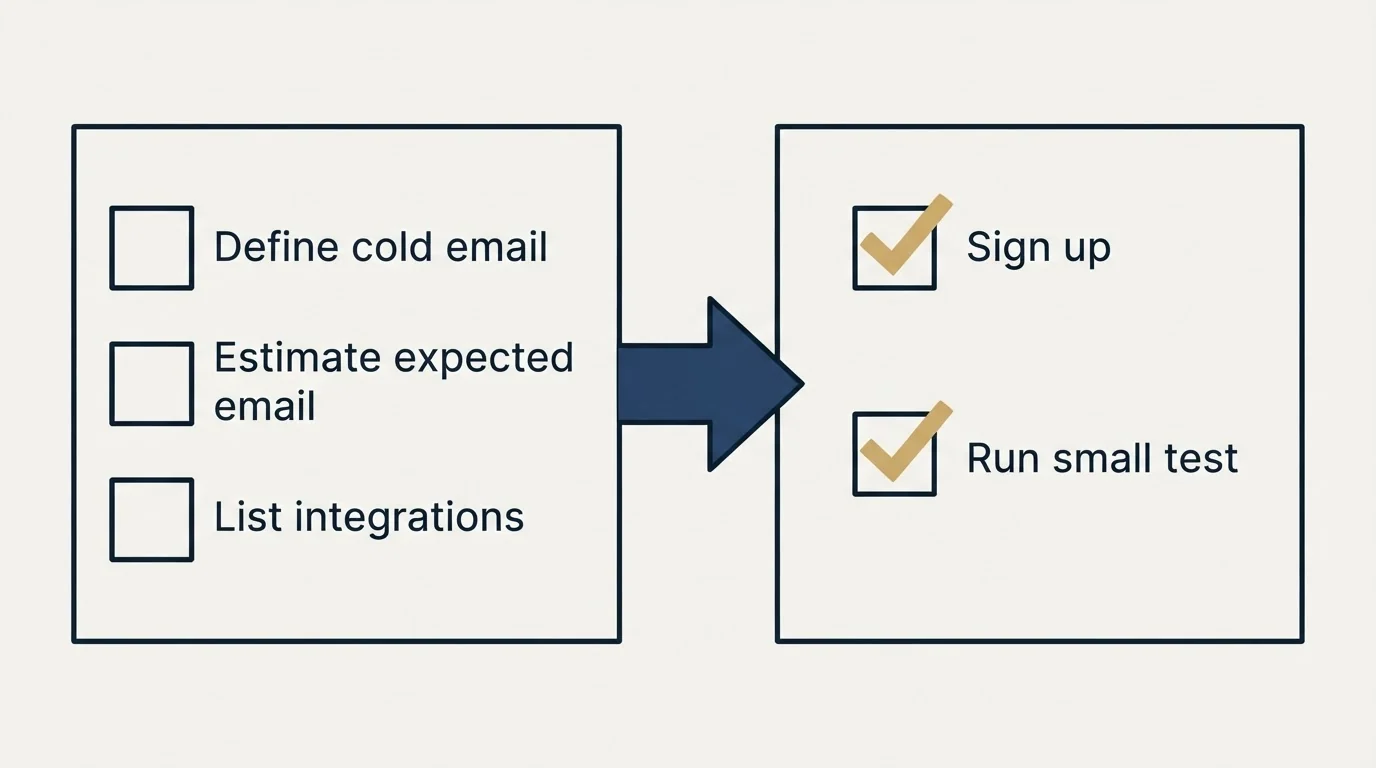 Before-and-after steps: Getting Started Checklist (Define cold email, Estimate expected email, List integrations, Sign up)