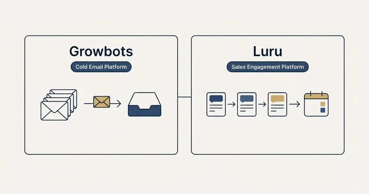 Side-by-side panels: Growbots vs Luru (Cold Email Platform, Sales Engagement Platform)