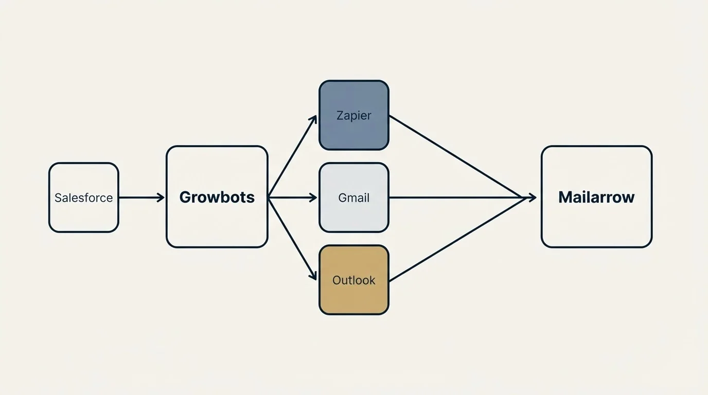 Integration schematic: Integration Ecosystem (Growbots, Mailarrow, Zapier, Gmail)
