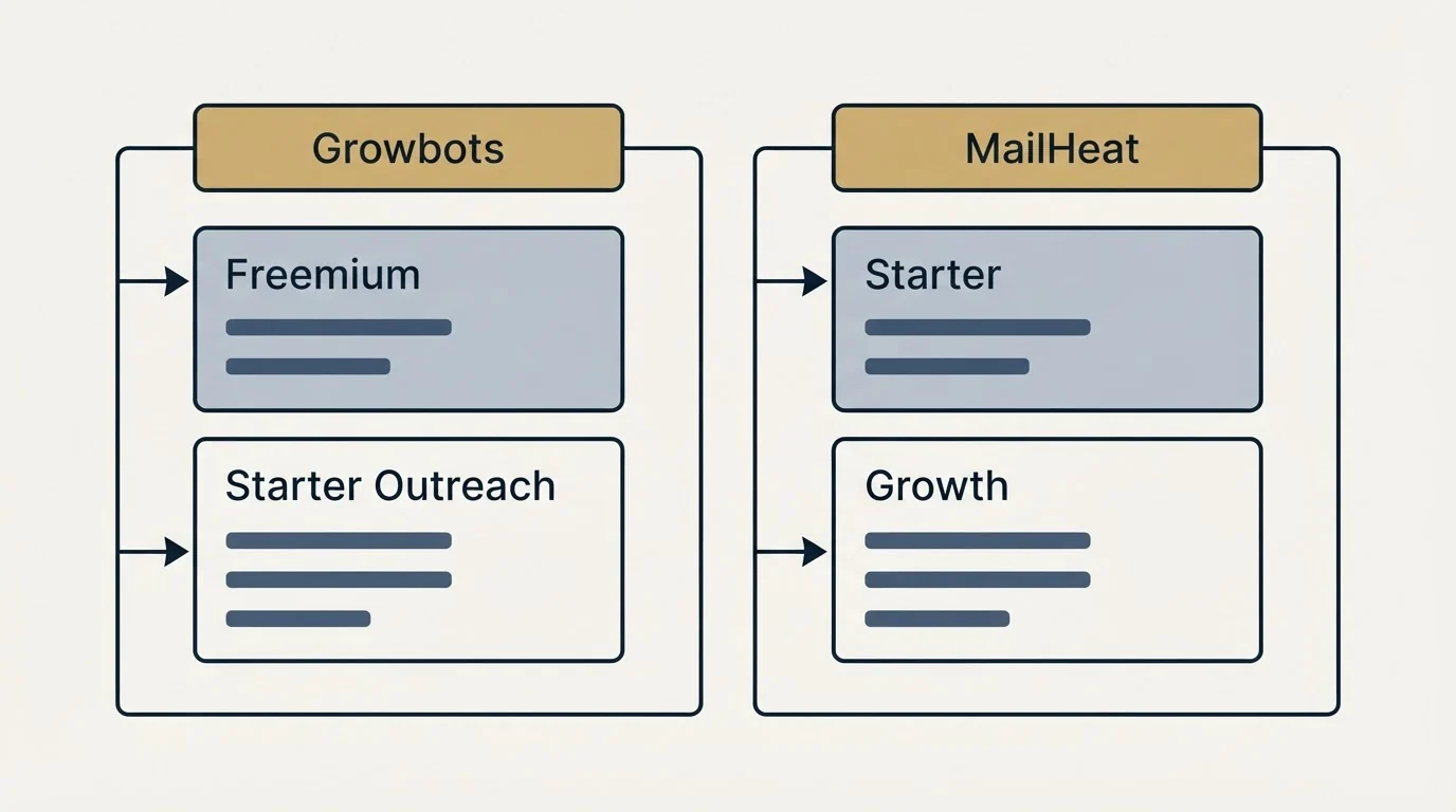 Pricing panels: Pricing Comparison (Growbots, MailHeat, Freemium, Starter)