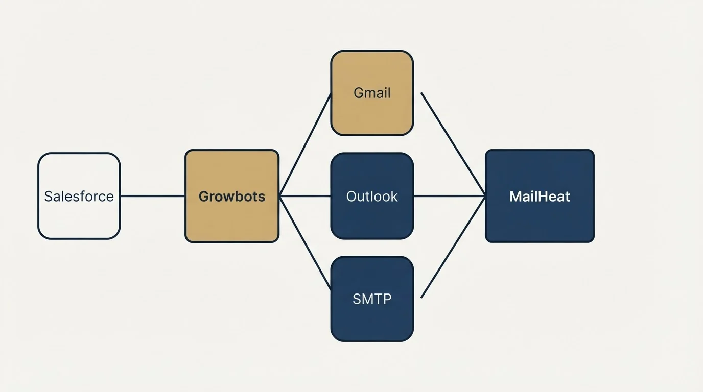 Integration flow: Integration Ecosystem (Growbots, MailHeat, Gmail, Outlook)