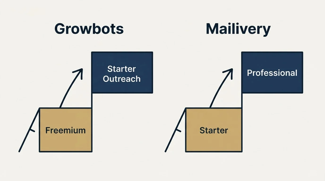 Pricing ladder: Pricing Comparison (Growbots, Mailivery, Freemium, Starter)