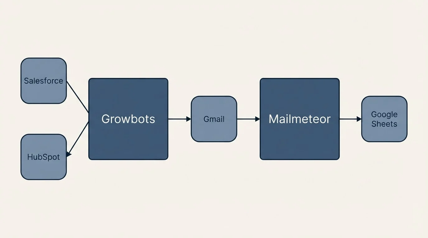 Integration schematic: Integration Ecosystem (Growbots, Mailmeteor, Gmail, Salesforce)