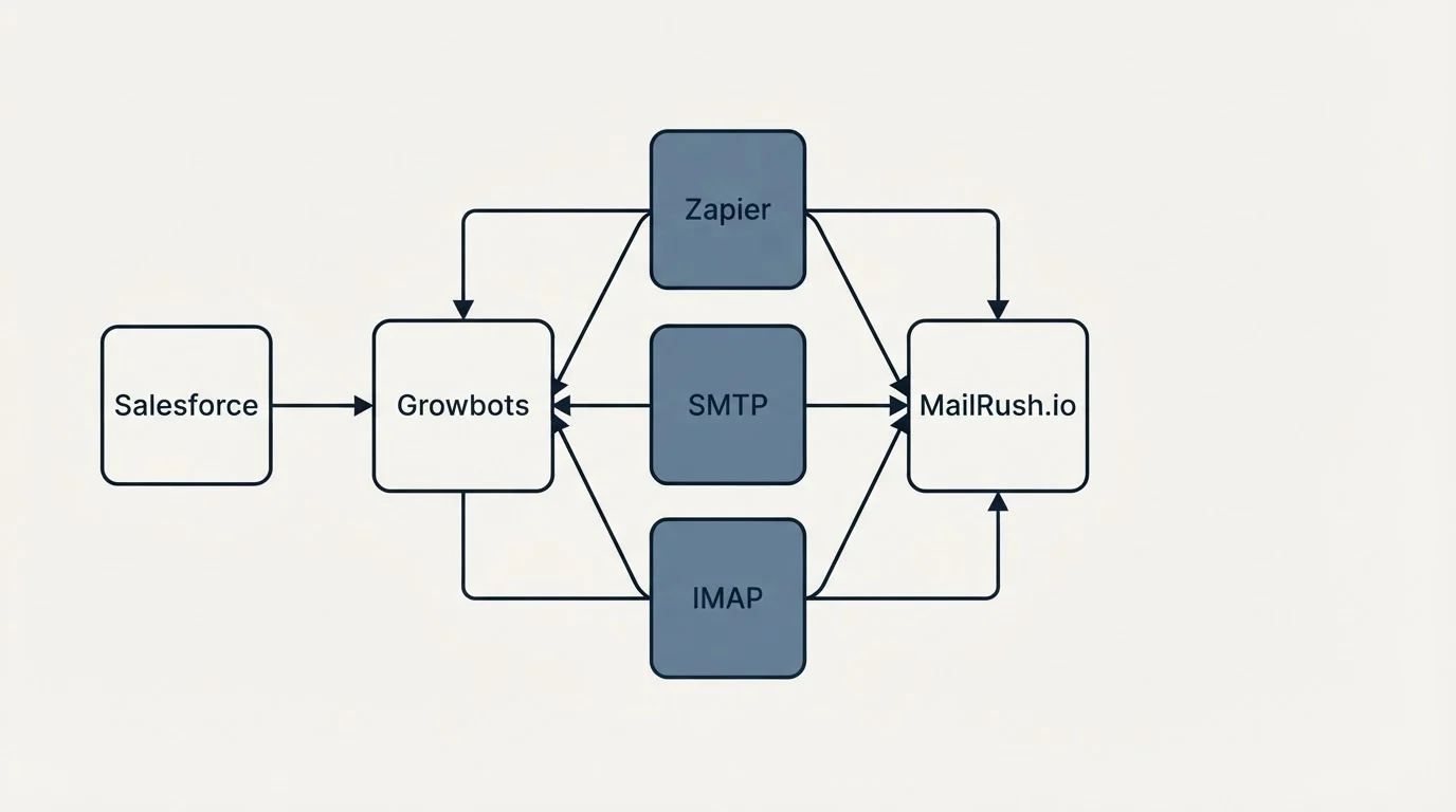 Integration schematic: Integration Ecosystem (Growbots, MailRush.io, Zapier, SMTP)