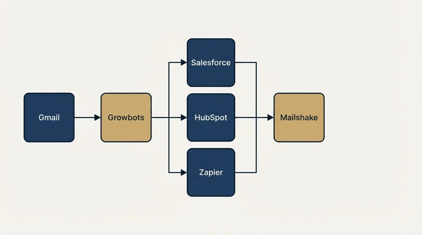 Integration flow: Integration Ecosystem (Growbots, Mailshake, Salesforce, HubSpot)