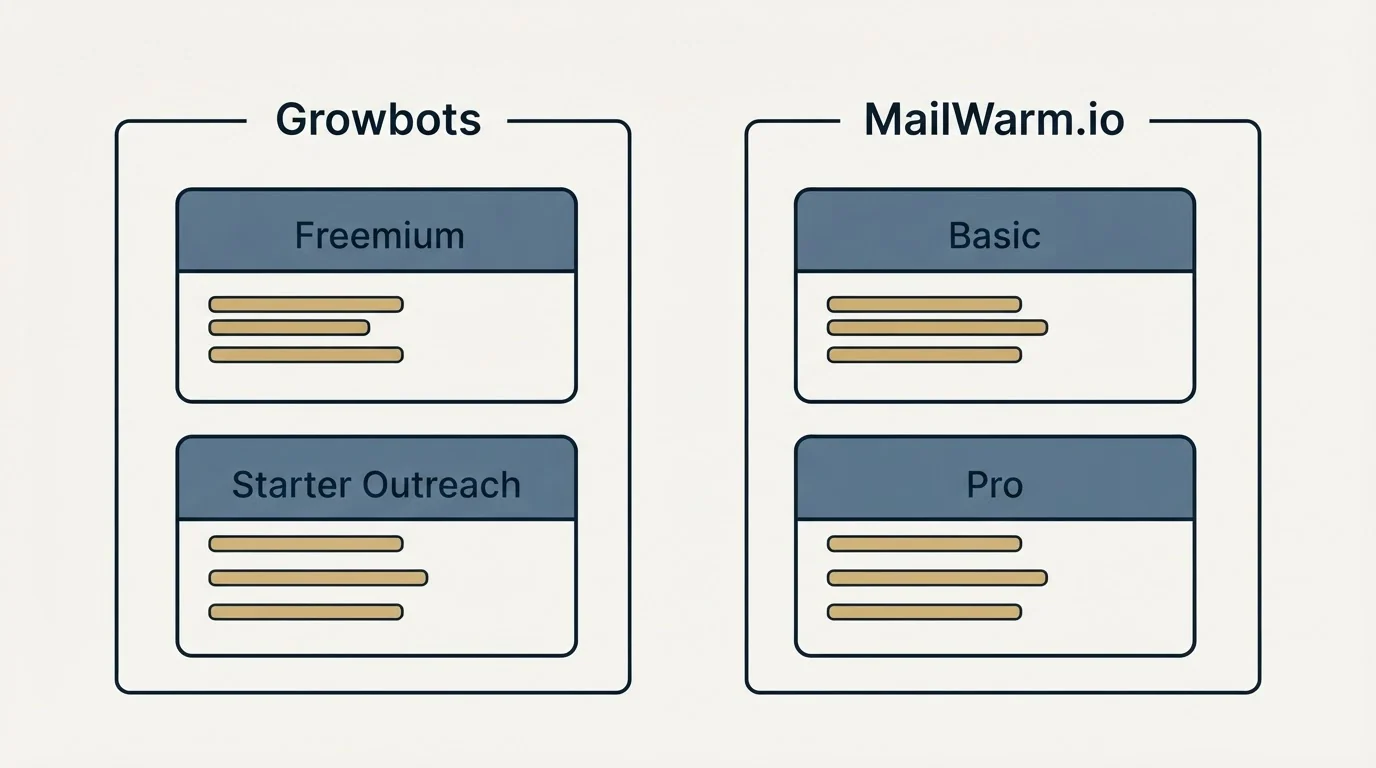 Pricing panels: Pricing Comparison (Growbots, MailWarm.io, Freemium, Basic)
