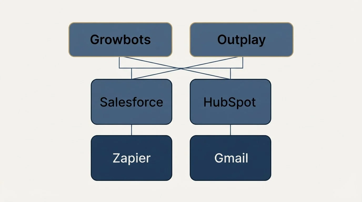 Integration grid: Integration Ecosystem (Growbots, Outplay, Salesforce, HubSpot)