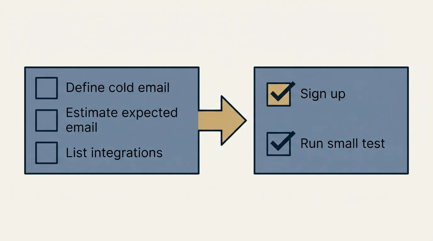 Before-and-after steps: Getting Started Checklist (Define cold email, Estimate expected email, List integrations, Sign up)