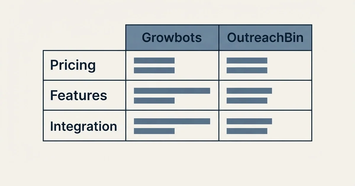 Comparison panel: Growbots vs OutreachBin (Pricing, Features, Integration)