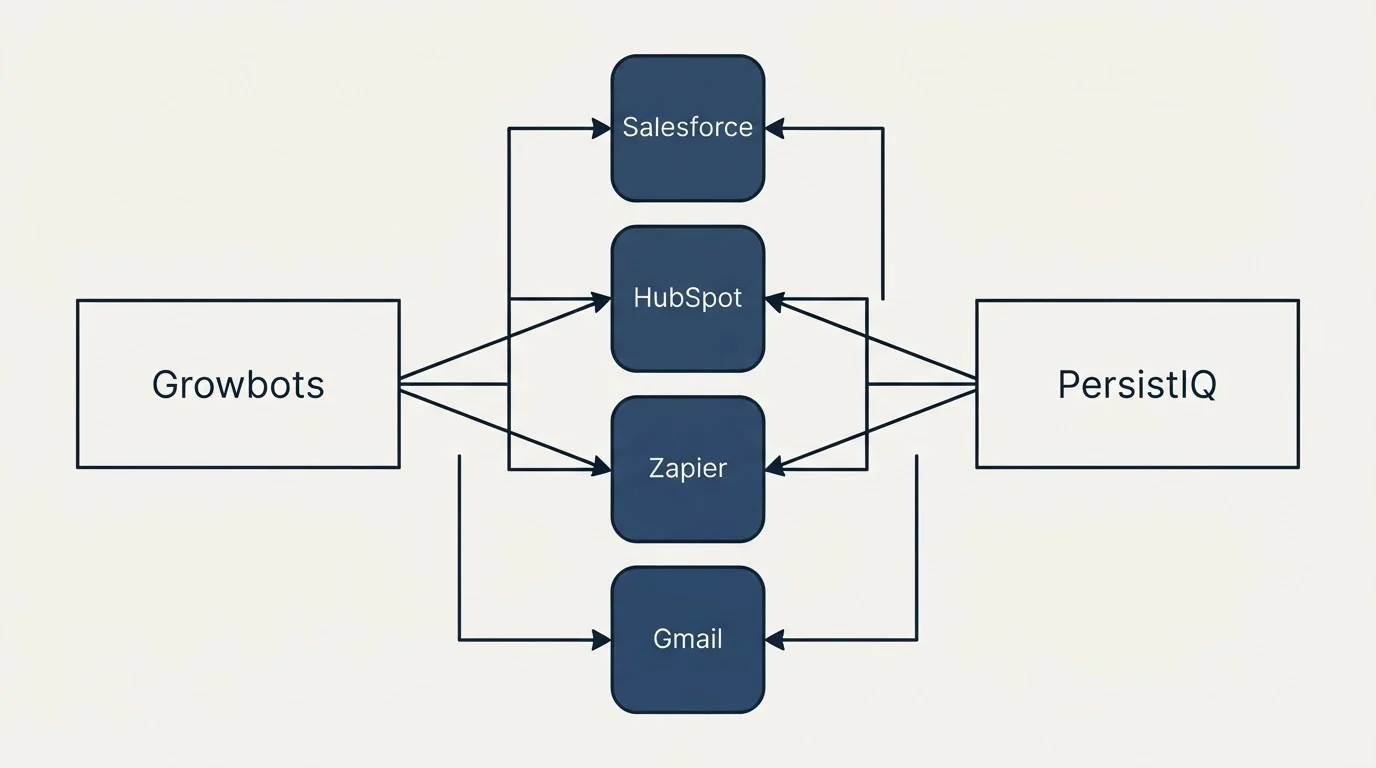 Integration flow: Integration Ecosystem (Growbots, PersistIQ, Salesforce, HubSpot)