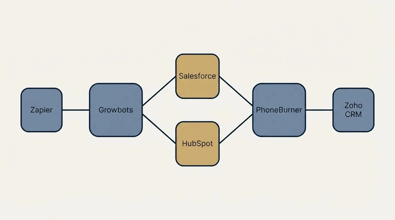 Integration schematic: Integration Ecosystem (Growbots, PhoneBurner, Salesforce, HubSpot)