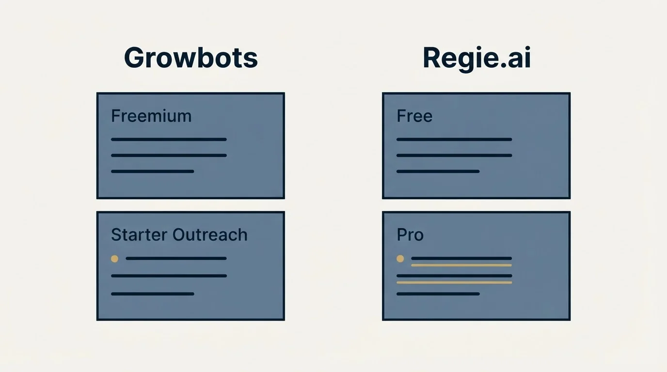 Pricing panels: Pricing Comparison (Growbots, Regie.ai, Freemium, Free)