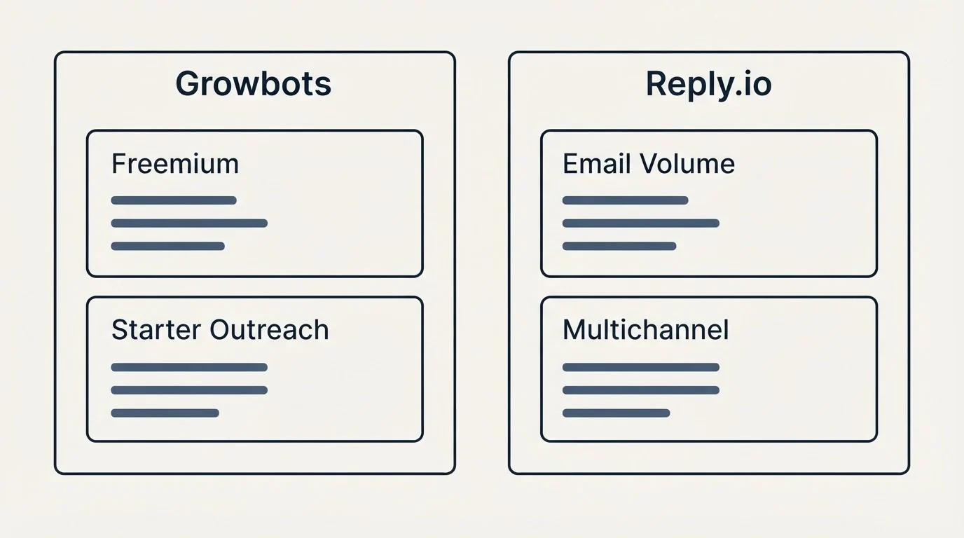 Pricing panels: Pricing Comparison (Growbots, Reply.io, Freemium, Email Volume)