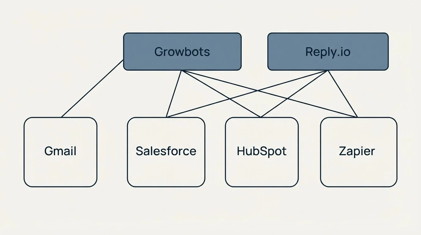 Integration grid: Integration Ecosystem (Growbots, Reply.io, Salesforce, HubSpot)