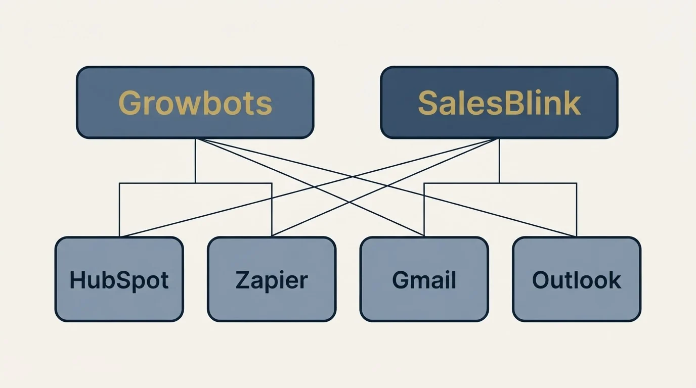 Integration grid: Integration Ecosystem (Growbots, SalesBlink, HubSpot, Zapier)