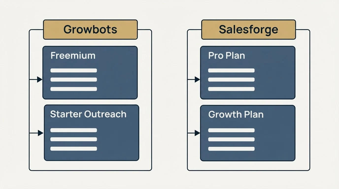 Pricing panels: Pricing Comparison (Growbots, Salesforge, Freemium, Pro Plan)