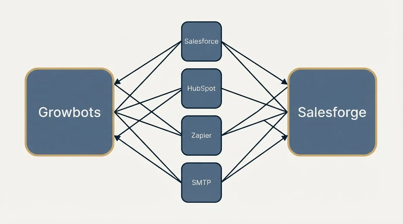 Integration schematic: Integration Ecosystem (Growbots, Salesforge, Salesforce, HubSpot)