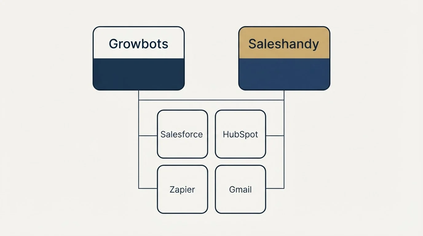 Integration grid: Integration Ecosystem (Growbots, Saleshandy, Salesforce, HubSpot)