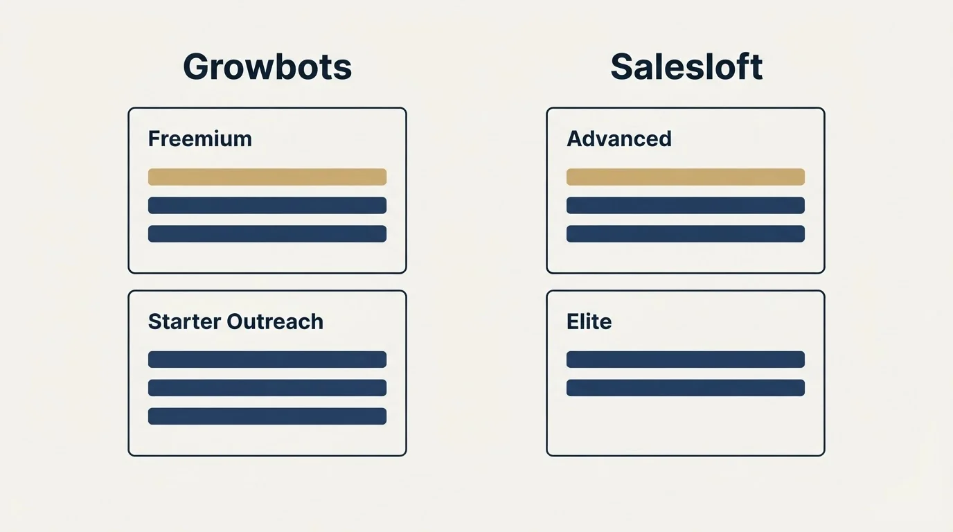 Pricing panels: Pricing Comparison (Growbots, Salesloft, Freemium, Advanced)