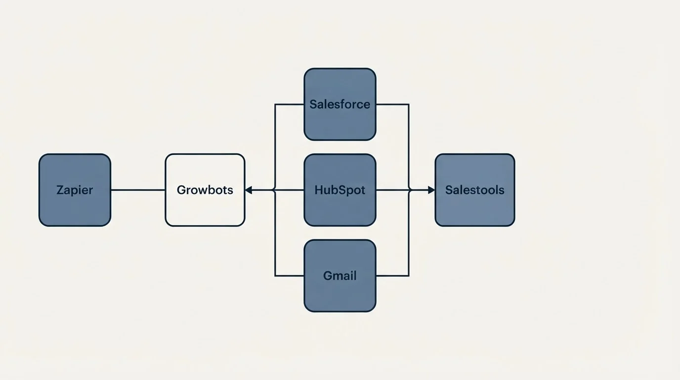 Integration flow: Integration Ecosystem (Growbots, Salestools, Salesforce, HubSpot)