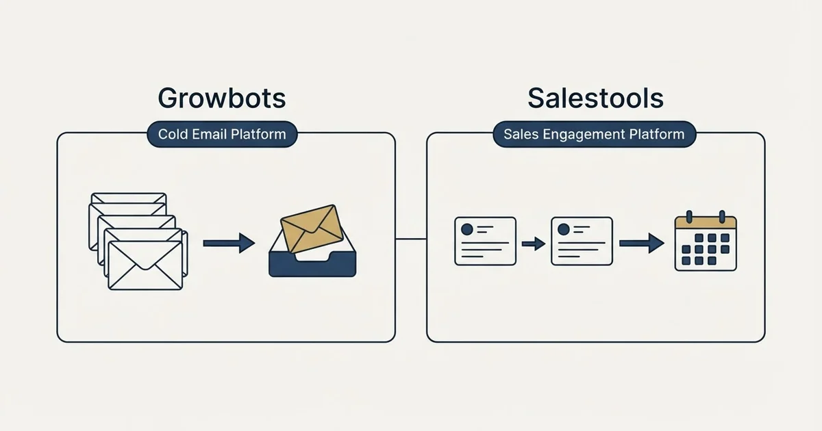 Side-by-side panels: Growbots vs Salestools (Cold Email Platform, Sales Engagement Platform)